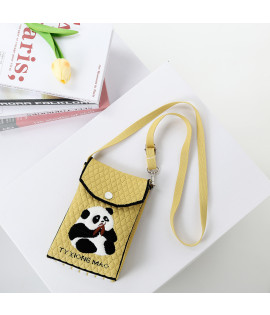 Knitted Phone Bag, Panda Eating Bamboo Design - Portable Crossbody, Handheld & Mini Stretch Woven Square Bag for Phone & Essentials