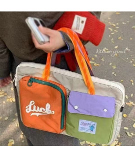 Laptop Bag, Korean Color-Block & Patchwork Canvas - Tote for Commute, Casual & Tablet