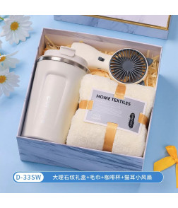 Premium Corporate Gift Set, Practical Souvenir in Marble Box, Marble Gift Box + Coffee Mug + Towel + Mini Fan