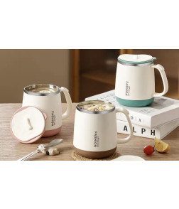 Mug, 304 Stainless Steel Office Cup for Women - High Aesthetic Coffee & Tea Cup with Lid & Spoon, Elegant & Chic 470ml